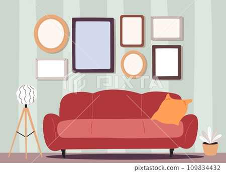 Home interior. Comfortable sofa. Plant in flowerpot. Lamp light. Picture and photo frames at wall. Living room furniture and decoration. Pillow on couch. Empty apartment. Vector concept Home interior. Comfortable sofa. Plant in flowerpot. Lamp light. Picture and photo frames at wall. Living room furniture and decoration. Pillow on couch. Empty apartment. Vector concept 109834432