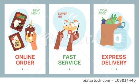 Food delivery service cards. Mobile app screens template. Products fast order. Online grocery choice. Shipment to door. Meal and phone in hands. Supermarket bags. Garish vector set Food delivery service cards. Mobile app screens template. Products fast order. Online grocery choice. Shipment to door. Meal and phone in hands. Supermarket bags. Garish vector set 109834440