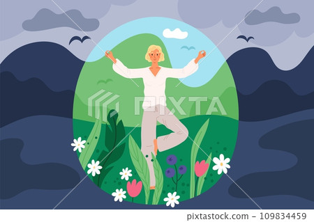 Colorful personal boundaries. Woman meditates while standing on one leg. Beautiful inner world. Introverted girl. Person in bubble barrier. Calm and meditation. Garish vector concept 109834459