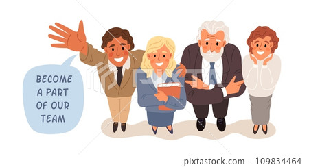 Business team looking up. Office employees in formal suits. Department colleagues stand next to each other. HR management. Company recruitment. Candidate hiring. Garish vector concept 109834464