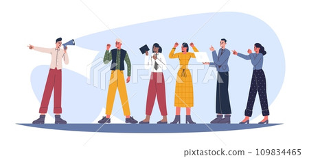 Business leader shows right and successful way. Man with megaphone leading people. Office leadership. Public speaker. Teamwork success. Colleagues team. Manager influence. Vector concept 109834465