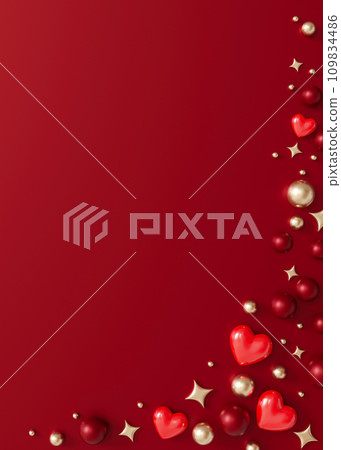 Glossy red hearts, golden pearls, and star accents scattered on a deep red background. Vertical Valentine's Day backdrop with copy space. Postcard, greeting card design. Love and passion. 3D render. 109834486