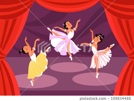 Ballet scene. Ballerinas girls perform on stage. Kids dance show. Light tutus. Pointe shoes. Red theater curtain. Choreographic positions. Dancers performance. Splendid vector concept 109834488