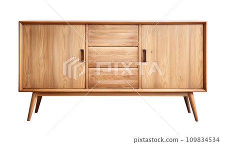 Classic mid-century wooden sideboard featuring elegant detail, ample storage, tapered legs, perfect for refined interior, isolated on white background. Cut out furniture. Front view. Generative AI. 109834534