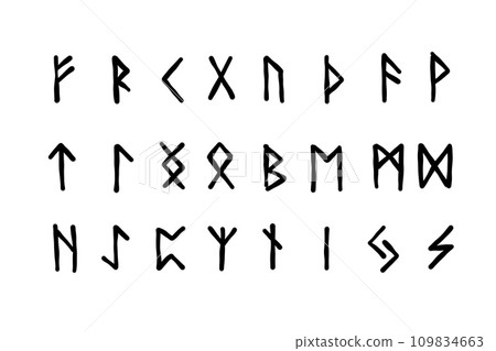 Scandinavian runes. black letters on white background. Set of old Norse Runic alphabet, Futhark. Ancient occult Viking characters on white background, rune font. Scandinavian runes. black letters on white background. Set of old Norse Runic alphabet, Futhark. Ancient occult Viking characters on white background, rune font. 109834663