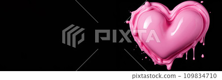 Pink heart with dripping glossy liquid, set against black background, ideal for love themes, Valentine's and beauty concepts. Backdrop with empty, copy space. Banner, panoramic picture. Generative AI. 109834710