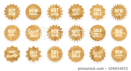 Crumpled paper price tags. Special offer or shopping discount label. Retail paper sticker with cardboard texture. Promotional sale badge. Vector illustration 109834855