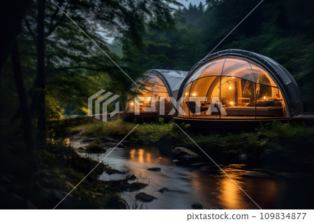 Forest glamping in a dome with a view of a tranquil river, blending luxury with the wilderness. Glamping combines the serenity of nature with the luxury of a boutique hotel. Generative AI. 109834877