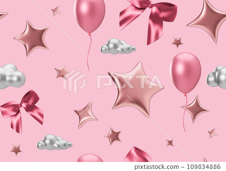 Pink seamless pattern with stars, ribbons, balloons. Applicable for fabric print, textile, wallpaper, gifts wrapping paper. Repeatable texture. Modern style, pattern for girls bedding, clothes. 3D. 109834886