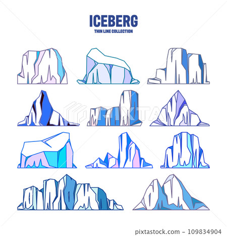 Floating icebergs collection. Drifting arctic glacier, block of frozen ocean water. Icy mountains with snow. Melting ice peak. Antarctic snowy landscape. South and North Pole. Vector illustration. 109834904