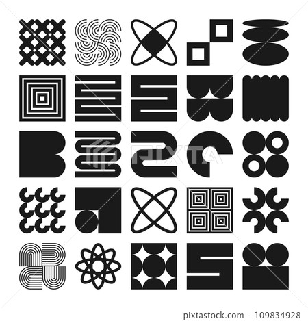 Brutalist geometric shapes, symbols. Simple primitive elements and forms. Bauhaus retro design, trendy contemporary minimalist style. Vector illustration 109834928