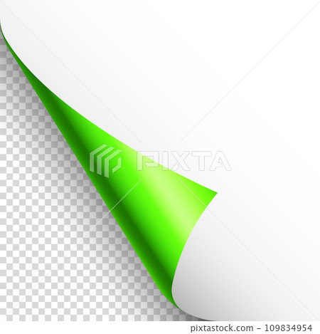Green paper curl. Curled page corner with shadow. Blank sheet of paper. Colorful shiny foil. Design element for advertising and promotion. Vector illustration. 109834954