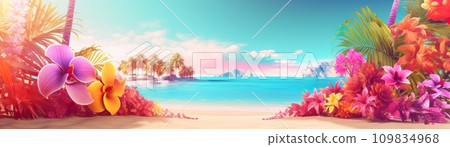 Colorful tropical flowers frame a serene beach with palm trees on small islets under a pastel sunset sky. Vacation, holiday background. Empty, copy space for text. Generative AI. 109834968