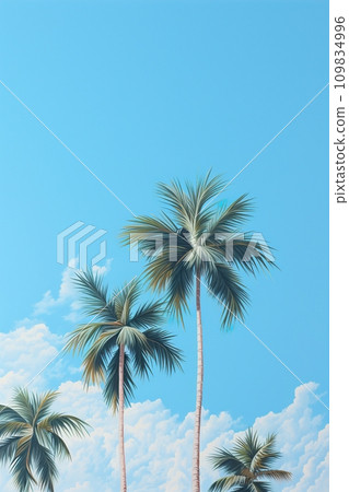 Tall palm trees soar into a bright blue sky with fluffy clouds, evoking a tropical paradise vibe. Vacation, holiday background. Empty, copy space for text. Generative AI. 109834996