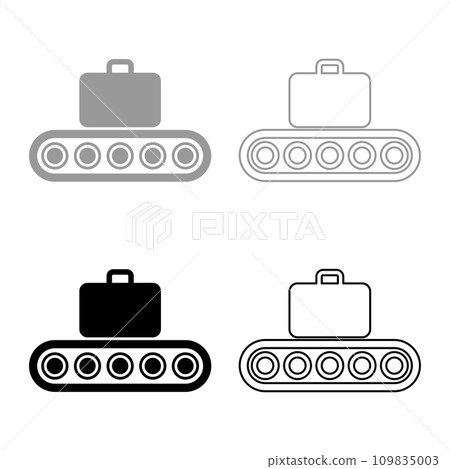 Conveyor belt airport tape baggage passengers luggage suitcase production line automated manufacturing set icon grey black color vector illustration image solid fill outline contour line thin flat  109835003