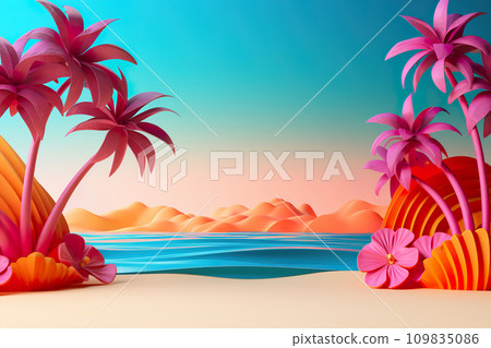 Vibrant picture of a surreal beach with magenta palm trees, golden dunes, and a striking blue sea. Summer and vacation. Holiday background. Empty, copy space for text. Generative AI. Vibrant picture of a surreal beach with magenta palm trees, golden dunes, and a striking blue sea. Summer and vacation. Holiday background. Empty, copy space for text. Generative AI. 109835086