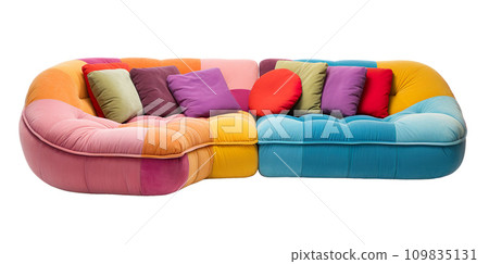 Modern multicolor curved sofa with a harmonious blend of warm and cool tones and assorted throw pillows, isolated on a white background. Cut out furniture. Front view. Generative AI. Modern multicolor curved sofa with a harmonious blend of warm and cool tones and assorted throw pillows, isolated on a white background. Cut out furniture. Front view. Generative AI. 109835131