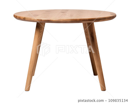 Scandinavian-style round wooden side table with elegantly tapered legs, presenting a smooth, natural finish, isolated on a white background. Coffee table, cut out. Front view. Generative AI. 109835134
