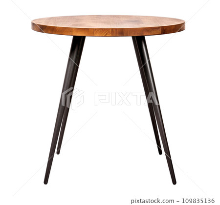 Round side table with rich walnut top and contrasting tapered black metal legs, presenting modern Scandinavian aesthetic, isolated on white background. Coffee table cut out. Front view. Generative AI. Round side table with rich walnut top and contrasting tapered black metal legs, presenting modern Scandinavian aesthetic, isolated on white background. Coffee table cut out. Front view. Generative AI. 109835136