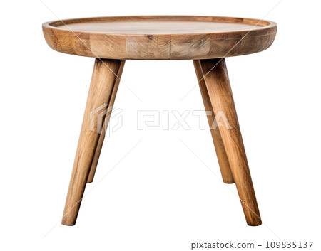 Scandinavian-style round wooden side table with elegantly tapered legs, presenting a smooth, natural finish, isolated on a white background. Coffee table, cut out. Front view. Generative AI. 109835137