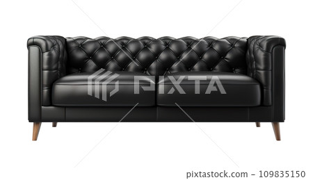 Elegant, classic black leather sofa, embodying sophistication and timeless design, isolated on white background. Cut out furniture. Front view. Generative AI. Elegant, classic black leather sofa, embodying sophistication and timeless design, isolated on white background. Cut out furniture. Front view. Generative AI. 109835150