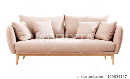 Chic Scandinavian-style sofa in beige with clean lines and cushions, set on natural wood legs. Couch isolated on white background. Cut out furniture. Front view. Generative AI. 109835157