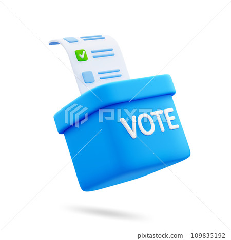 3D Blue Vote Box and Ballot Paper with Check Mark Isolated on White Background. Design Element for Election Campaign. Vector Illustration of 3D Render in Cartoon Style. 3D Blue Vote Box and Ballot Paper with Check Mark Isolated on White Background. Design Element for Election Campaign. Vector Illustration of 3D Render in Cartoon Style. 109835192
