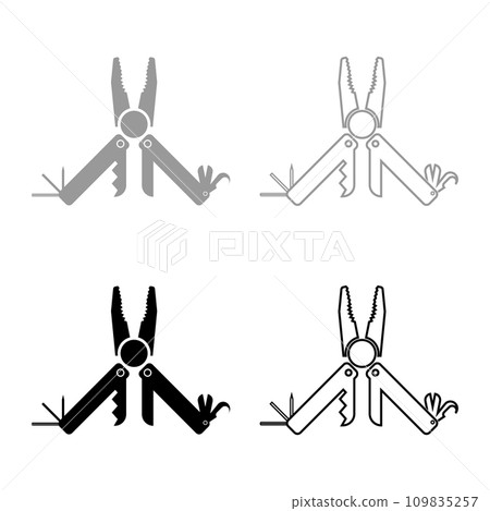 Multitool multifunctional instrument with pliers saw knife razor hexahedron opener awl utility multipurpose tool camping kit pocket set icon grey black color vector illustration image solid fill Multitool multifunctional instrument with pliers saw knife razor hexahedron opener awl utility multipurpose tool camping kit pocket set icon grey black color vector illustration image solid fill 109835257