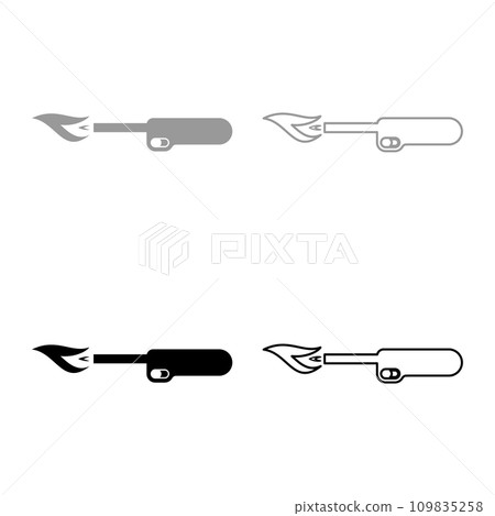Gas lighter kitchen blowtorch with flame industrial equipment set icon grey black color vector illustration image solid fill outline contour line thin flat style 109835258