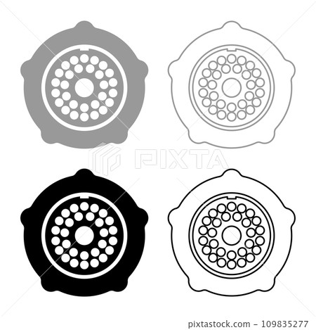 Grate for meat grinder plate mincer device for growing shallow of meat lattice with nut screw female screw pawl stop latch holder set icon grey black color vector illustration image solid fill 109835277