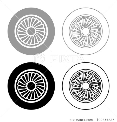 Turbine airplane turbomachine jet engine aircraft motor fan plane set icon grey black color vector illustration image solid fill outline contour line thin flat style 109835287