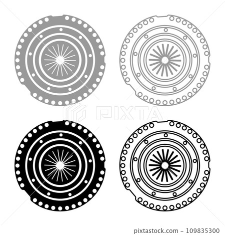 Car clutch basket cover cohesion transmission auto part plate kit repair service set icon grey black color vector illustration image solid fill outline contour line thin flat style 109835300