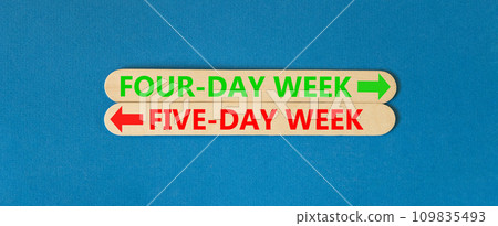 5 or 4 day week symbol. Concept word Five-day week or Four-day week on beautiful wooden stick. Beautiful blue table blue background. Business and five or four day week concept. Copy space. 109835493