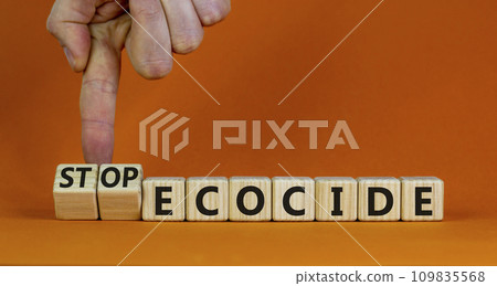 Stop ecocide symbol. Businessman turns wooden cubes and changes words ecocide to stop ecocide. Beautiful orange background, copy space. Business, ecological and stop ecocide concept. 109835568