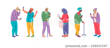 Cartoon Color Characters People Seniors Using Smartphones Sending Messages and Taking Photos Concept Flat Design Style. Vector illustration 109835597