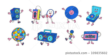 Cartoon Color Retro Music Mascots Vintage Set Concept Flat Design Style Include of Audio Cassette and Boombox. Vector illustration 109835602
