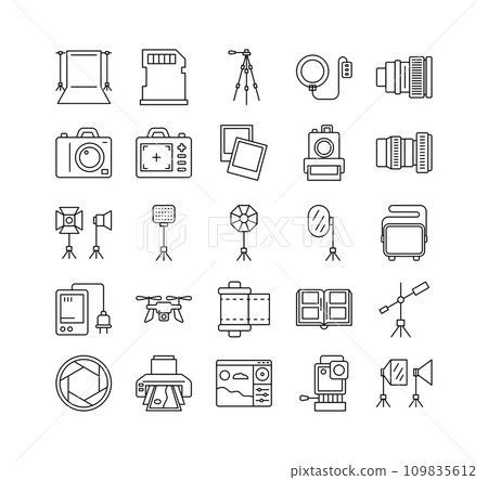 Photo and Photography Studio Sign Black Thin Line Icon Set Include of Tripod and Camera. Vector illustration of Icons Photo and Photography Studio Sign Black Thin Line Icon Set Include of Tripod and Camera. Vector illustration of Icons 109835612
