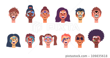 Cartoon Color Characters People Kids Faces and Face Painting Concept Flat Design Style. Vector illustration of Fun Party Makeup Cartoon Color Characters People Kids Faces and Face Painting Concept Flat Design Style. Vector illustration of Fun Party Makeup 109835618