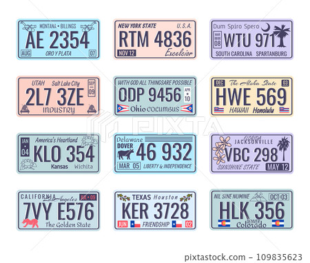 Cartoon Color Car Numbers of Vehicle Registration Icon Set Concept Flat Design Style. Vector illustration of Number Plates 109835623