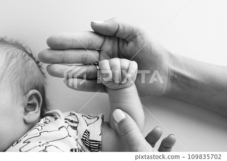 Parents' hands hold the fingers of a newborn baby. The hand of a mother and father close-up holds the fist of a newborn baby. Family health and medical care. Tiny fingers in a black and white photo. Parents' hands hold the fingers of a newborn baby. The hand of a mother and father close-up holds the fist of a newborn baby. Family health and medical care. Tiny fingers in a black and white photo. 109835702