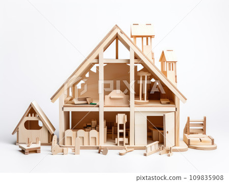 AI-generated content. Wooden house made of plywood on a white background. Home construction. AI generation. 109835908