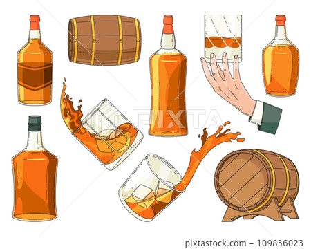 Whiskey advertising vintage design elements. Glass bottle, man hand holding glass of scotch with ice cubes, wooden alcohol barrel icon collection. Vector alcohol products 109836023