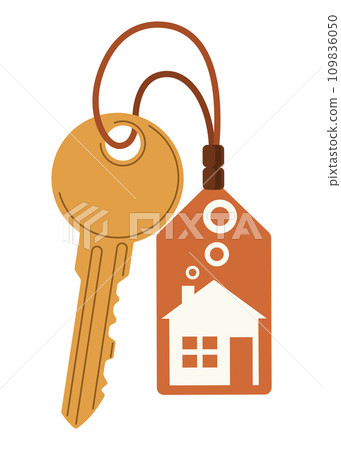 Door keys keyfob. Ring with trinket, keychains plastic tag hanging on keyring. House, apartment or room locking accessories. Cartoon flat vector isolated on white background 109836050