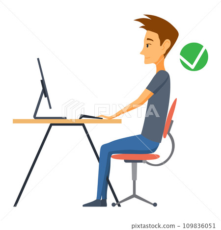 Correct body alignment in sitting working with computer. Wrong posture cause office syndrome and back pain. Vector illustration 109836051