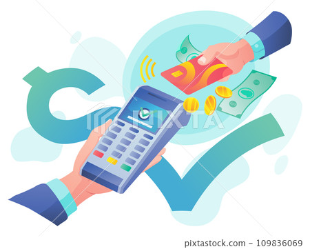 Vector payment machine and credit card. POS terminal confirms the payment by debit credit card, invoce. Vector illustration in flat design. NFC payments concept. Isometric NFC payments concept Vector payment machine and credit card. POS terminal confirms the payment by debit credit card, invoce. Vector illustration in flat design. NFC payments concept. Isometric NFC payments concept 109836069