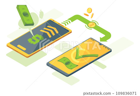 Money transfer app isometric. Vector concept illustration of mobile money transfer. Two smartphones and bundle of the banknotes and coins are flying from one smartphone to the other 109836071