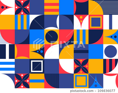 Geometric mosaic, Bauhaus pattern. Modern geometry figure, shape. Bauhaus. Geometric mosaic. Minimal mural texture. Scandinavian. Geometric mosaic print. retro wallpaper. Vector illustration Geometric mosaic, Bauhaus pattern. Modern geometry figure, shape. Bauhaus. Geometric mosaic. Minimal mural texture. Scandinavian. Geometric mosaic print. retro wallpaper. Vector illustration 109836077