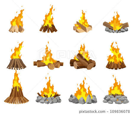 Fireplace campfire different types. Burning wood collection, travel and adventure symbol. Vector bonfire or woodfire in cartoon flat style set. Tourist bonfires in the diferent form of stack 109836078