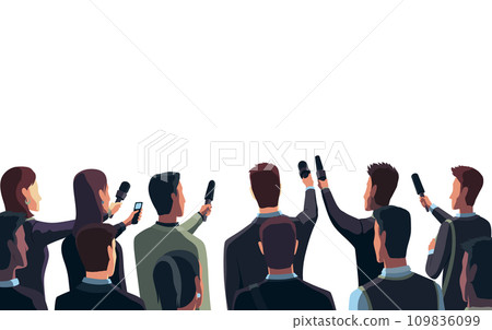 Press conference, reporter people crowd waiting for speaker. Media interviews and answers to questions. Political conference banner, reportage and briefing Press conference, reporter people crowd waiting for speaker. Media interviews and answers to questions. Political conference banner, reportage and briefing 109836099