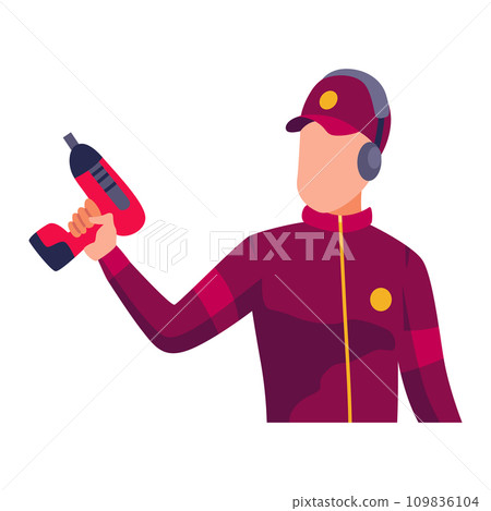 Racing car pit stop mechanics. Engineers team in uniform changing wheels, tires. Auto maintenance service, quick repair 109836104